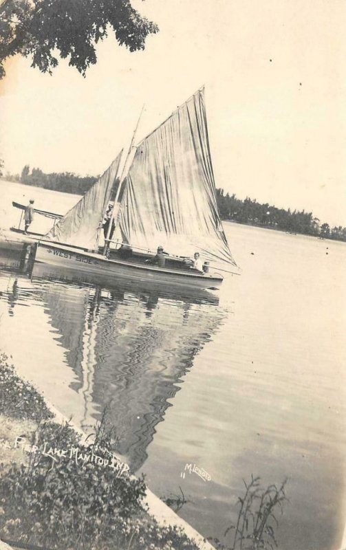 RPPC Pier LAKE MANITOU, IN West Side Sailboat c1910s Photo Vintage Postcard