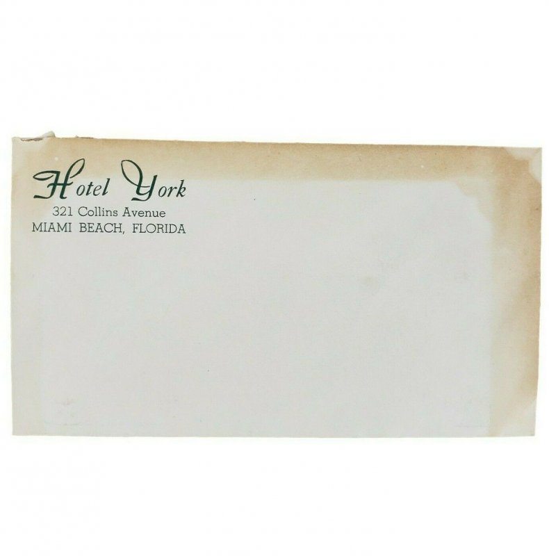 Hotel York Miami Beach FL Florida 1938 Stationary Envelope Paper Vintage Rare