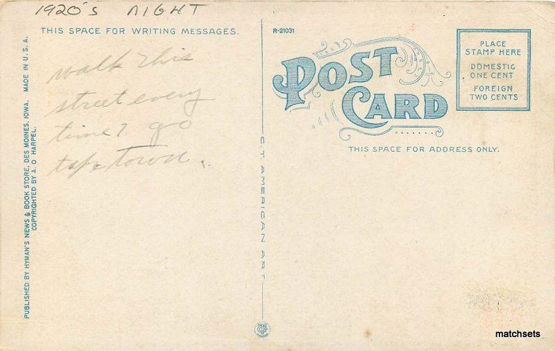 1920s Night Neon DES MOINES IOWA Walnut Fourth Street TEICH Postcard 12372