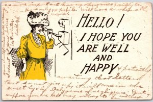1907 Hello! I Hope You Are Well And Happy Girl On Telephone Posted Postcard