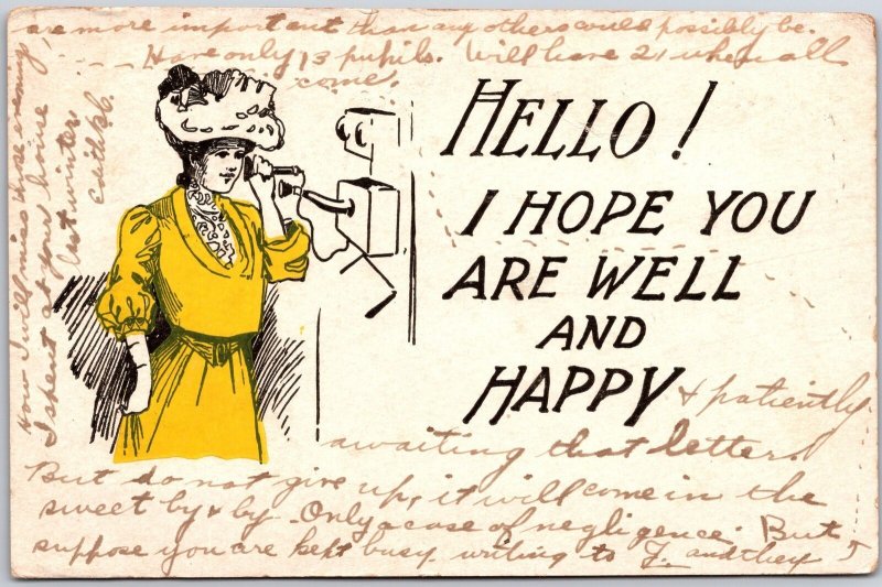 1907 Hello! I Hope You Are Well And Happy Girl On Telephone Posted Postcard