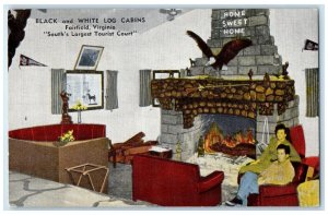 c1940's Black & White Log Cabins Couple On Fireplace Fairfield Virginia Postcard