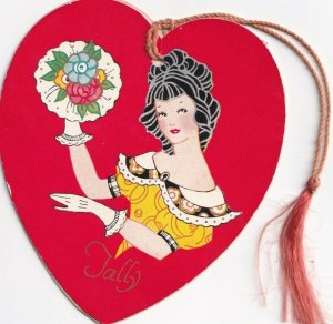 Vtg. Bridge Tally Card - Die Cut Heart Shape Woman w Flower
