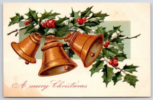 A Merry Christmas Bells Green Leaves Holiday Wishes Greetings Posted Postcard