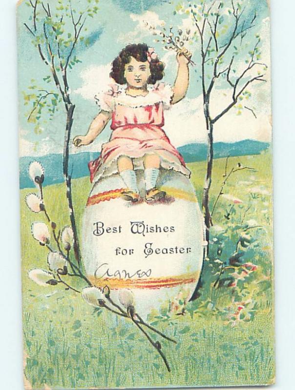 Pre-Linen Easter CUTE GIRL HOLDING PUSSYWILLOW WHILE SITTING ON GIANT EGG HL6901