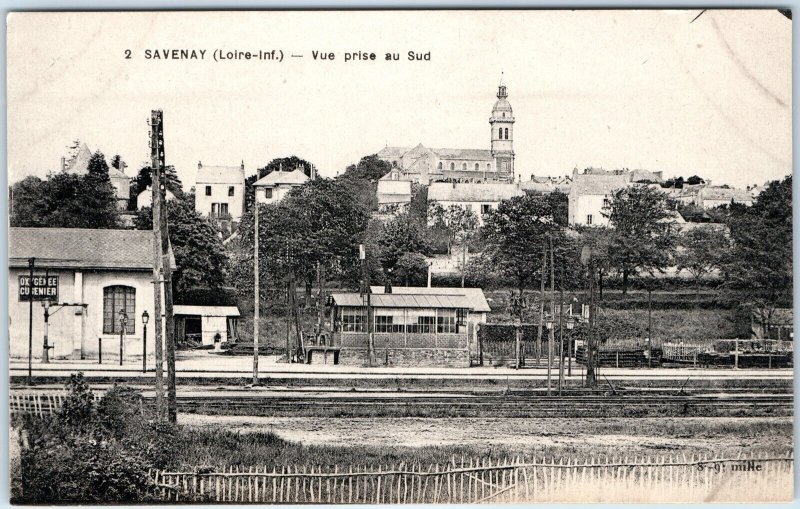 c1900s Savenay, France Railway Station Town View Church Tower Tracks Cuvier A359