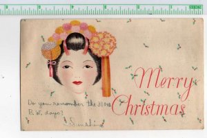 Christmas Greetings Japanese Geisha Girl Postal Used Vintage Postcard AA110826