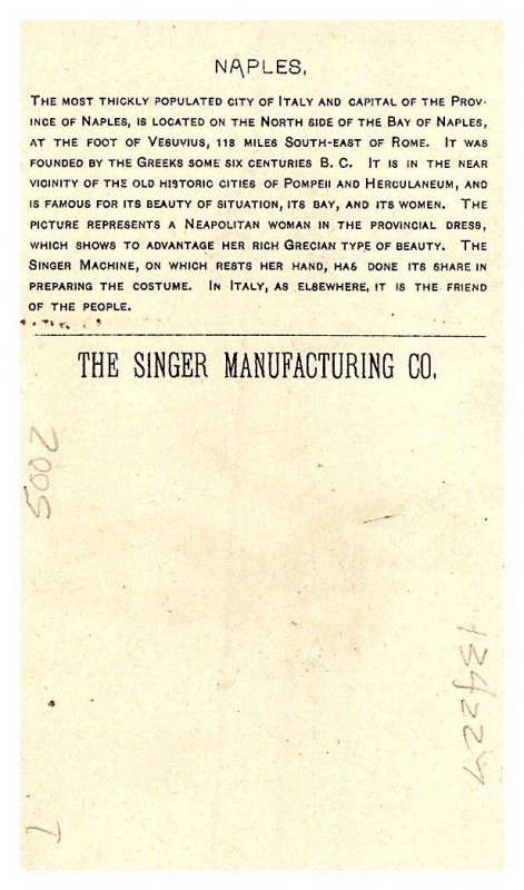 1892 Singer Manufacturing Trade Card -  Italy