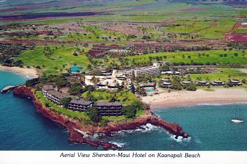 VINTAGE POSTCARD CONTINENTAL SIZE AERIAL VIEW OF SHERATON MAUI HOTEL ON BEACH