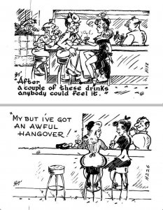 2~Postcards  COMICS  Alcohol~Drinking~Ladies In Bars~Bartenders  VINTAGE  B&W