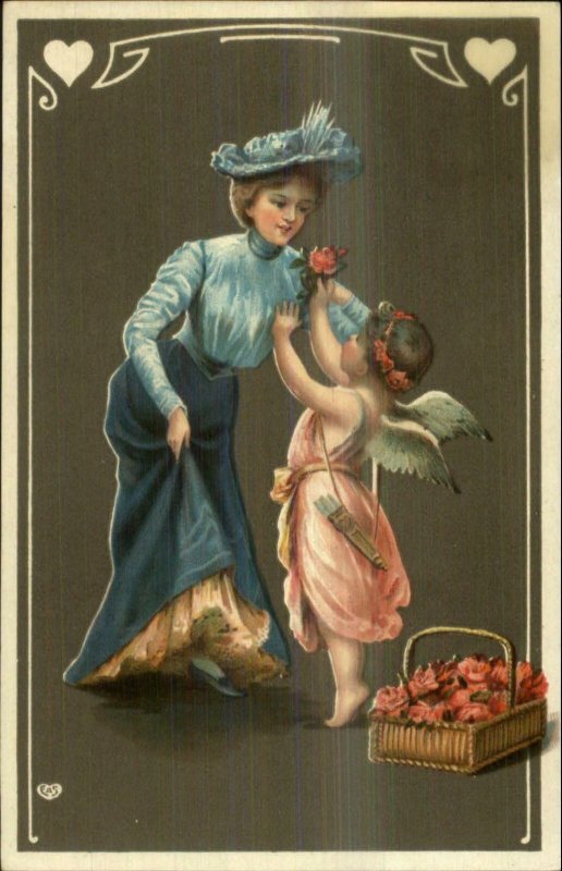 Valentine? Cupid or Cherub Pinning Rose on Woman EAS c1910 Postcard