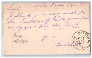 1889 Gentlemenly Letter State Center Iowa IA Clinton Iowa IA Postal Card