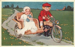 Children Motorcycle Sidecar Doll Art C-1915 Postcard 20-13932