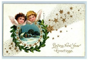 c. 1910 Fab Angel Winged Gold Stars Wreath New Year Christmas Postcard P42