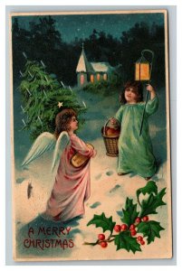 Vintage 1907 Christmas Postcard Angel Visits Girl Snowy Night Mistletoe Church