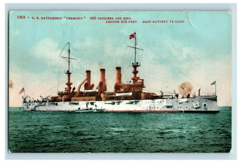 c1910 U.S.S Vermont Battleship 424 Feet 14 Guns Vintage Postcard P118
