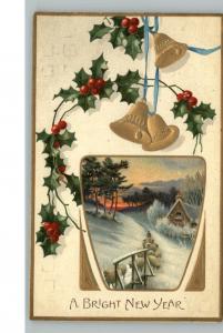 New Year Embossed Bells Sheep c1910 Postcard