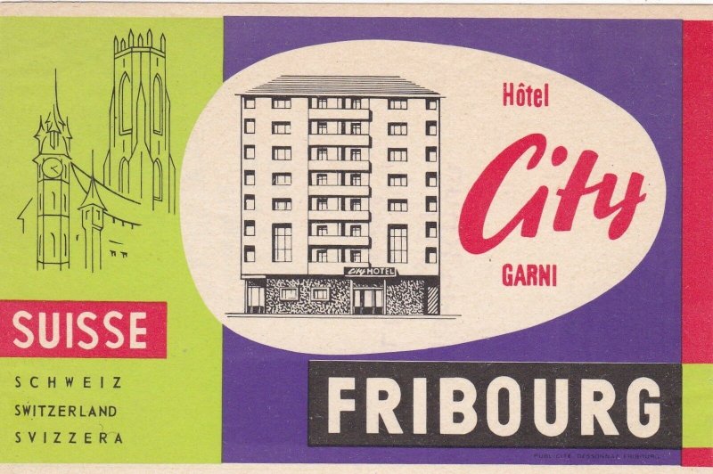 Switzerland Fribourg Hotel City Garni Vintage Luggage Label sk4299