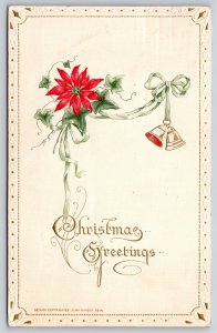 Christmas~Poinsetta Silver Bells & Greeting~Winsch Vintage Postcard