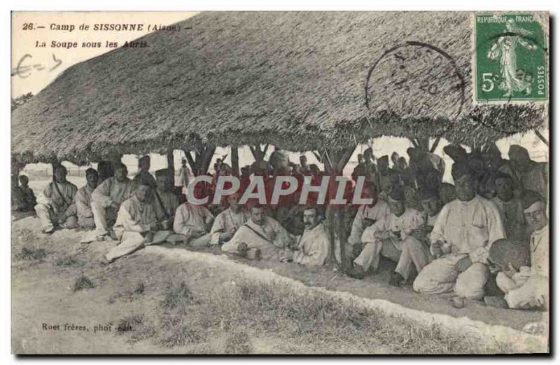 Old Postcard Militaria Camp of Sissonne soup in shelters