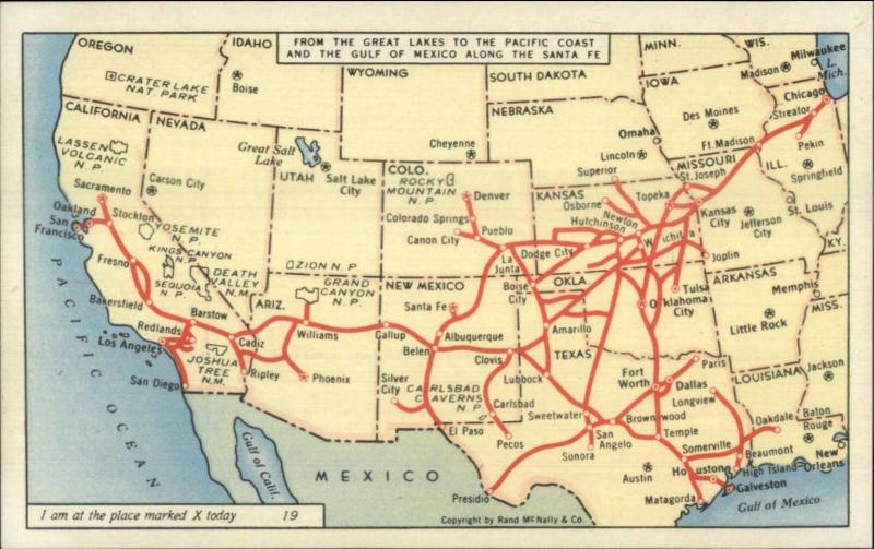 Santa Fe Railway Railroad Route Map United States Old Postcard