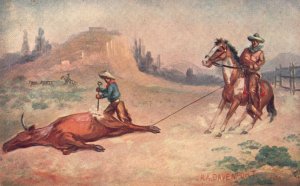 Vintage Postcard Real Painting Dead Bull Boy Riding On Horse Davenport Artwork