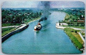 Postcard Welland Ontario c1955 Main Street Bridge Looking North Birds Eye View