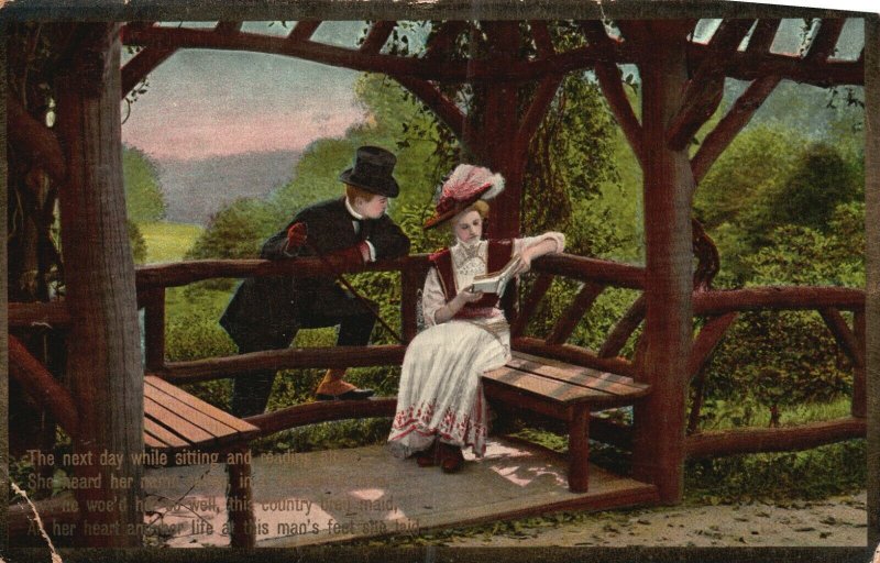 Vintage Postcard 1910 Country Setting Man & Woman Reading Book in Love