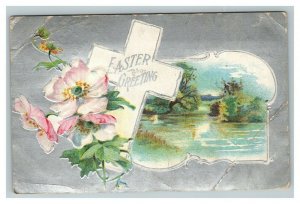 Vintage 1900's Easter Postcard Silver Face White Pink Floral Cross Lake