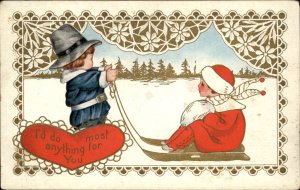 Valentines Children Sled Winter Scene Gilt Embossed c1900-20s Vintage Postcard