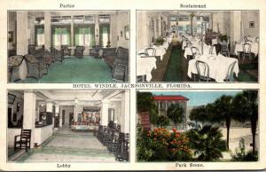 Florida Jacksonville Hotel Windle Parlor Restaurant Lobby and Park Scene 1927