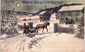 c1920 MERRY CHRISTMAS GLAEDELIG JUL SLEIGH MOONLIGHT SNOW HOME POSTCARD 39-302