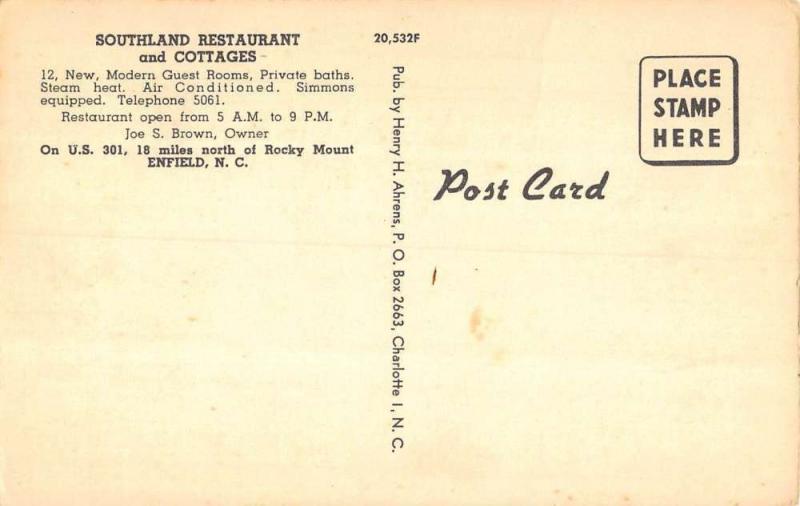 Enfield North Carolina Southland Restaurant & Cottages antique pc ZA440401