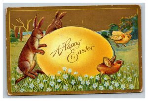 Vintage 1912 Winsch Back Easter Postcard Cute Bunnies Chicks Giant Yellow Egg
