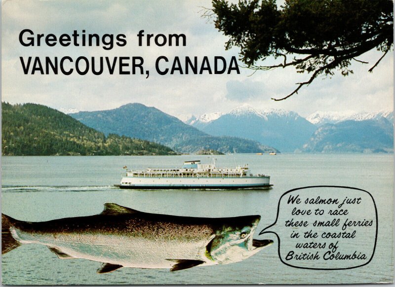 'Greetings from Vancouver Canada' Salmon Fish Boat BC Unused Postcard F58