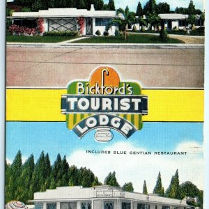 1950s Sarasota FL Bickford's Tourist Lodge Linen Photo Postcard Blue Gentian A30