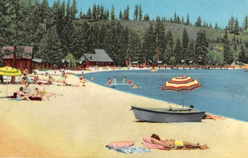 Lake Tahoe Nevada Meeks Bay Resort Beach Scene Vintage Postcard JE229287