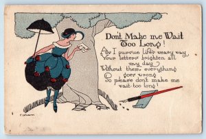 Pretty Woman With Letter Don't Make Me Wait Too Long E Weaver Signed Postcard