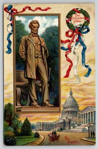 Patriotic Abraham Lincoln St Gaudens Statue and the US Capitol Bldg Postcard I30