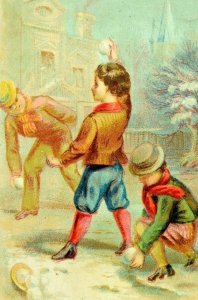 1870's-80's Lovely Winter Snowball Fight Kids Christmas Scene Victorian Card F80 