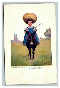 Vintage 1905 Comic Postcard Boy with Large Straw Hat Riding Donkey - Rough Rider