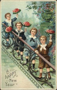 New Year Little Boys with Flowers on Stairs c1910 Vintage Postcard