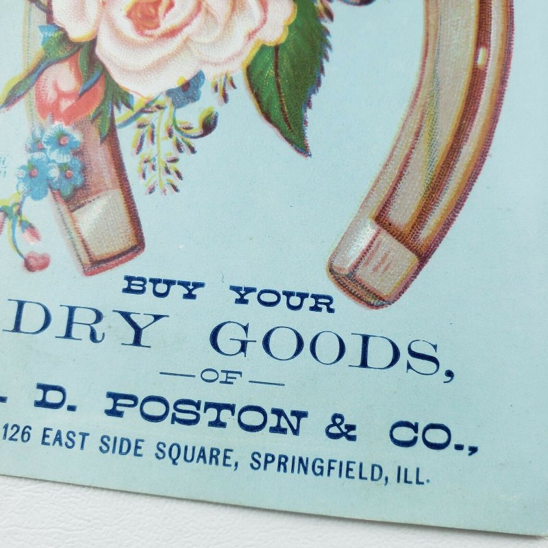 ED E D Poston & Co Dry Goods Springfield Illinois Ad Lucky Horseshoe Trade Card