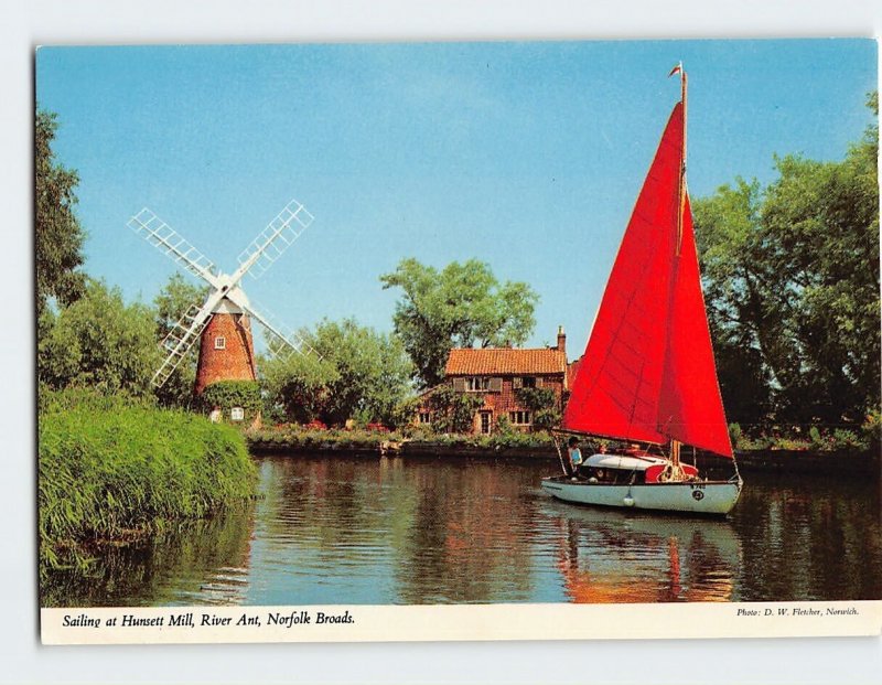 Postcard Sailing at Hunsett Mill, River Ant, Norfolk Broads, England
