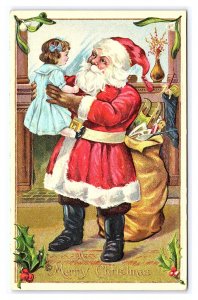 Santa Claus Red Robe Holding Young Girl Embossed Postcard Bag Of Toys