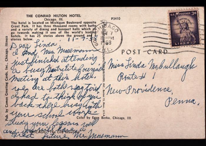 Chicago IL Conrad Hilton Hotel Egon Berka Vintage Postcard B01