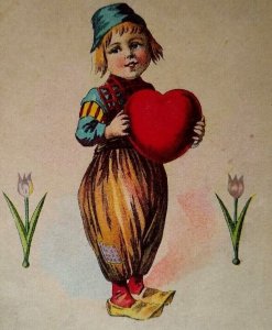 Valentine Postcard Dutch Child Wooden Shoes Holds Heart Tulips Flowers 6704