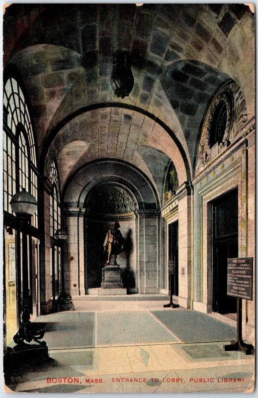 VINTAGE POSTCARD THE LOBBY AT BOSTON PUBLIC LIBRARY PRINTED IN GERMANY 1908