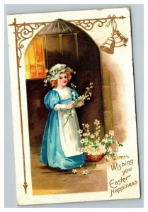 Vintage 1909 International Art Easter Postcard - Cute Girl Blue Dress Gold Bells