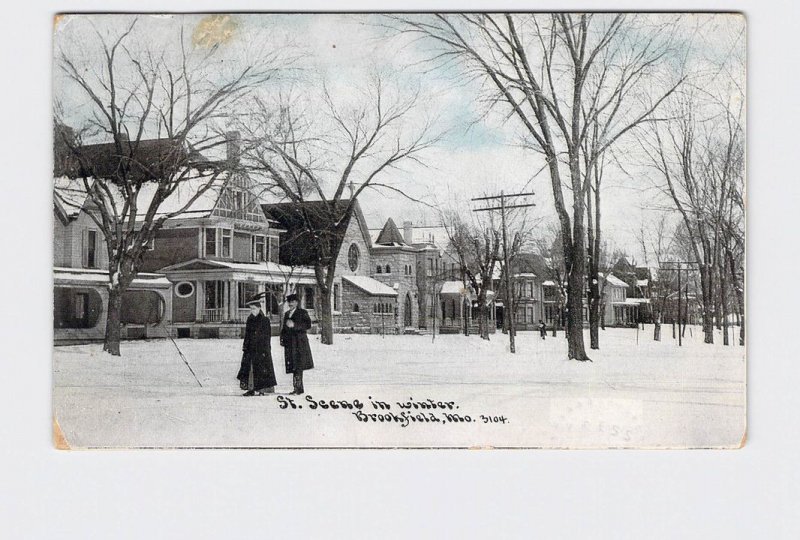 PPC POSTCARD MISSOURI BROOKFIELD ST. SCENE IN WINTER RESIDENTIAL STREET VIEW 